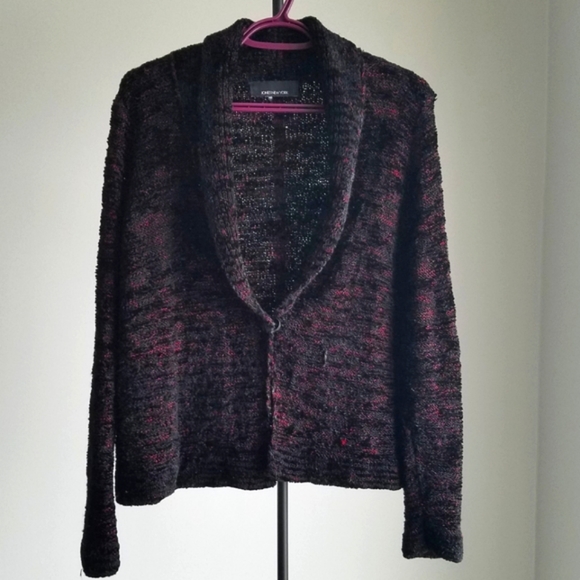 (2/$25) Jones NY variegated knit shiny black red streak cardigan (flawed) - Picture 2 of 10